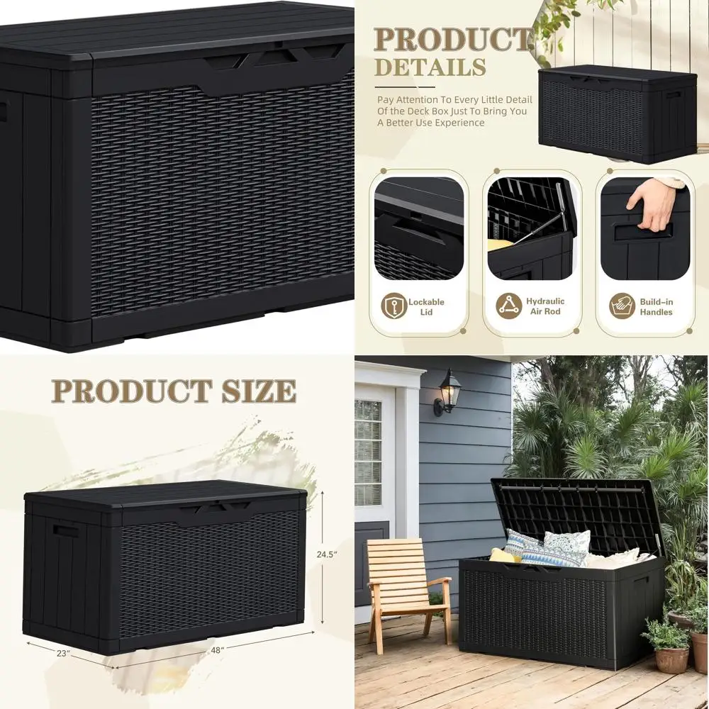 Large 100 Gallon Outdoor Resin Deck Box - Lockable Weatherproof Storage for Patio, Garden, and Pool Accessories (Black)