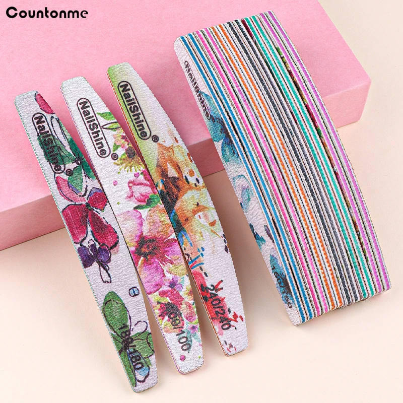 5 pces/10 pces arquivo de unhas profissional flor imagem dupla face arquivo de unhas para manicure 100/180 grit barco ferramentas de lixamento