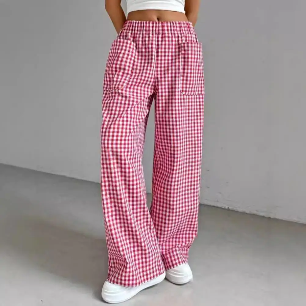 Women Pants Wide-leg Elastic Waist Pants Women’s Plaid Wide Leg Trousers with Elastic Waist Pockets Mid-rise Sporty Women Pants
