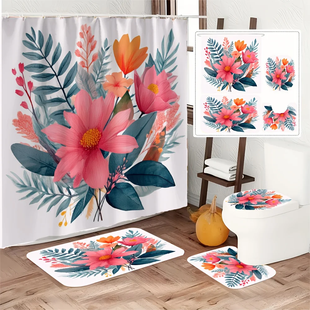4pc Watercolor Floral Bathroom Fixtures - Waterproof Shower Curtain, Non-slip Bath Mat, Toilet Seat, U-shaped Rug
