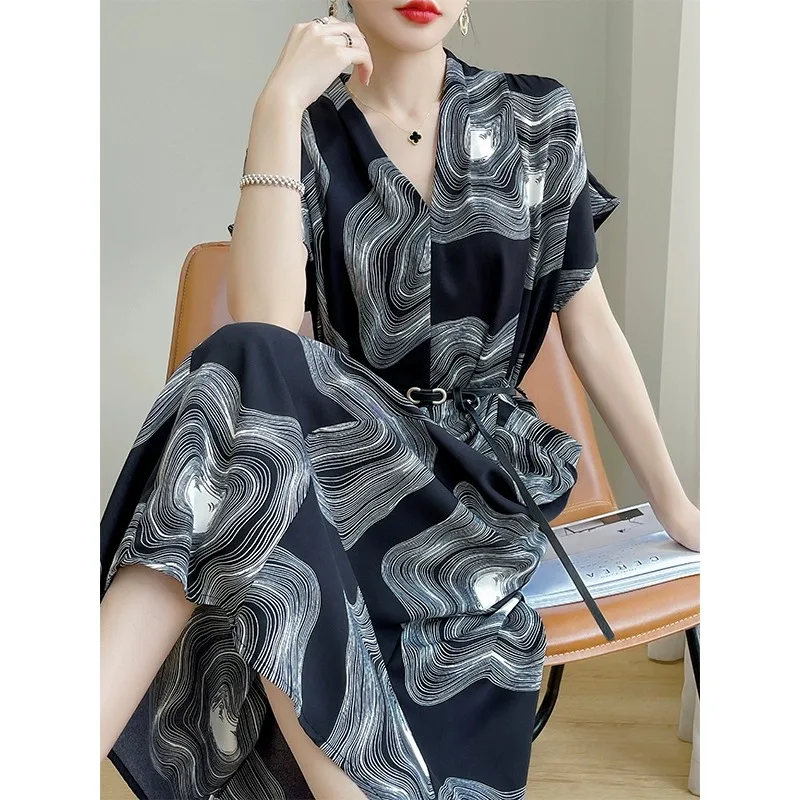 Verão 2025 feminino solto v-ne ort sve dr suave a linha saia design sensação floral impressão commute sle longo dr