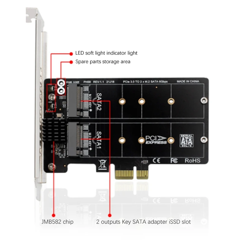 M.2 Sata Naar Pcie Conversiekaart Dual-Disk Array Card Raid Uitbreidingskaart Jmb582 Chipset Ondersteuning Ssd