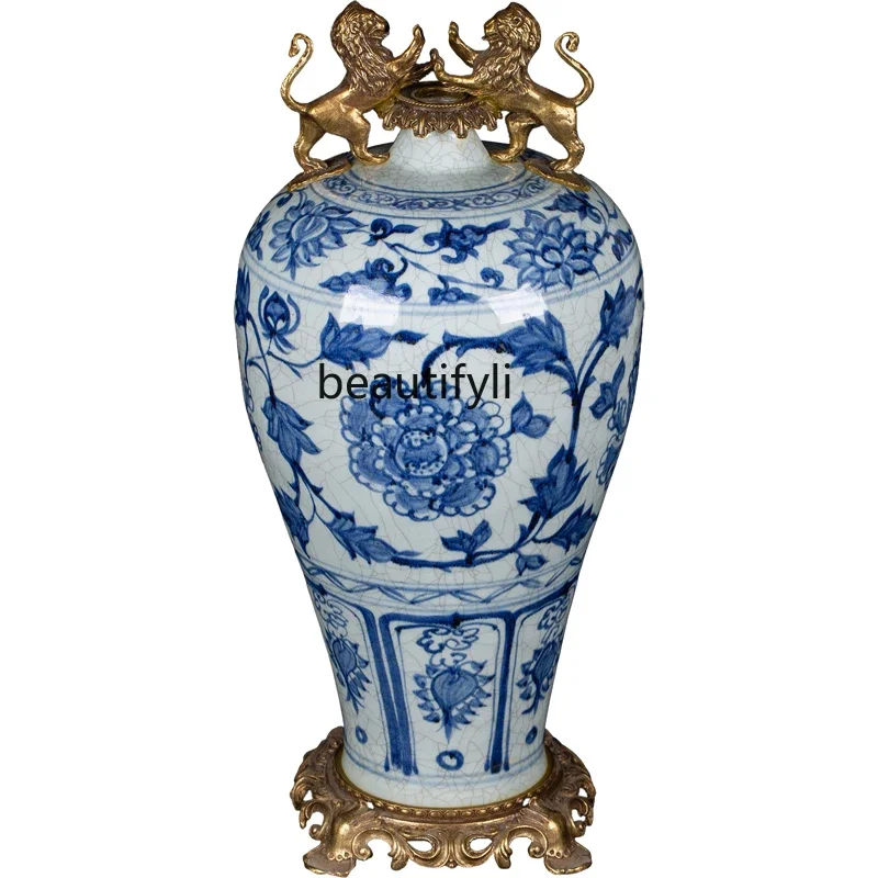 Inlaid Porcelain Blue and White Interlock Branch Lotus Pattern with Copper Lion Jingdezhen Porcelain Chinese Vase Decoration