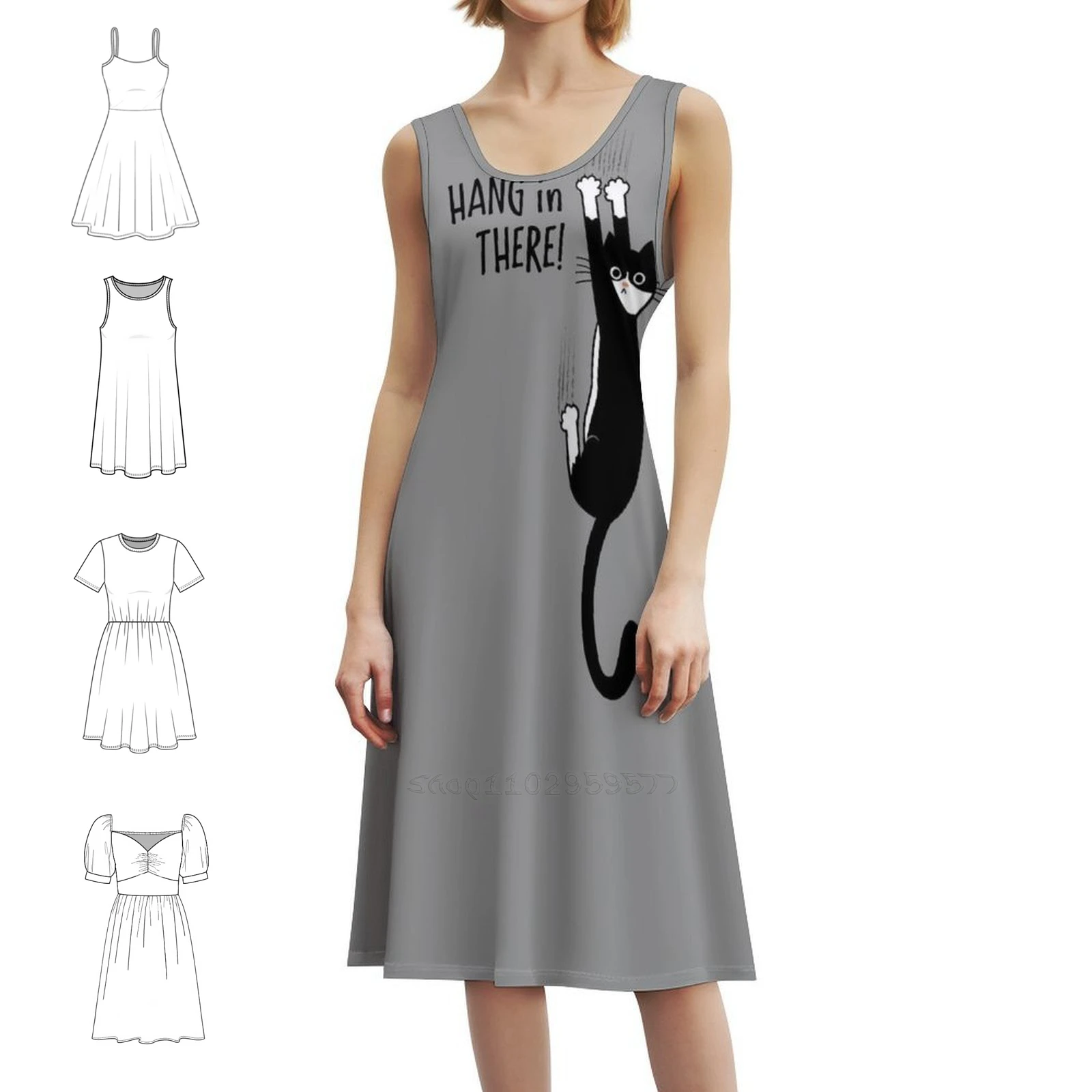 

Tuxedo Cat Hanging On Hang In There! Funny Cat Hanging Women's Hip Hop Streetwear Dress Graphic Print Party Club Wear Tux Cat