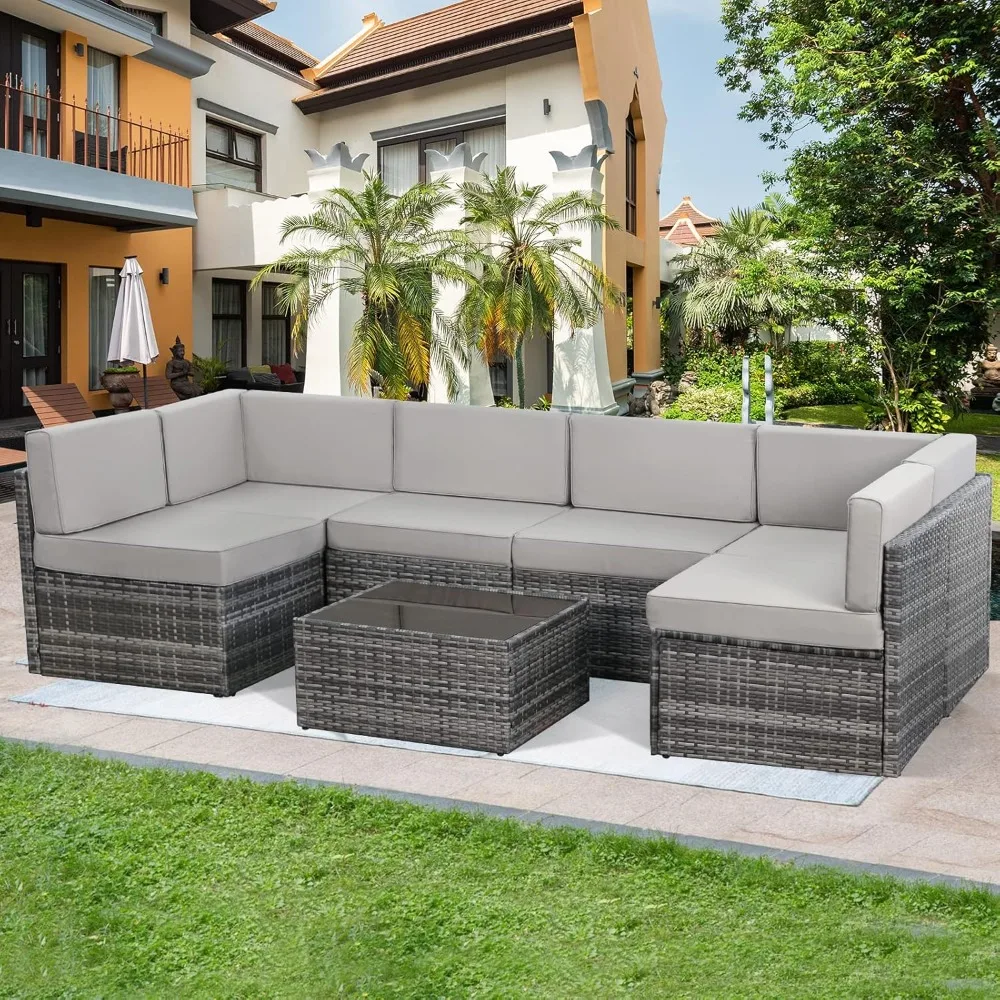 7-piece Outdoor Terrace Furniture Set, PE Rattan Outdoor Gray Willow Furniture, Outdoor Segmented Furniture Chair Set