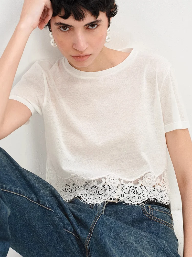 

Elegant Lace Trim round Neck Short Sleeve White T-Shirt Women's Summer Fashionable Short Length Top Shoulder Width T-shirt