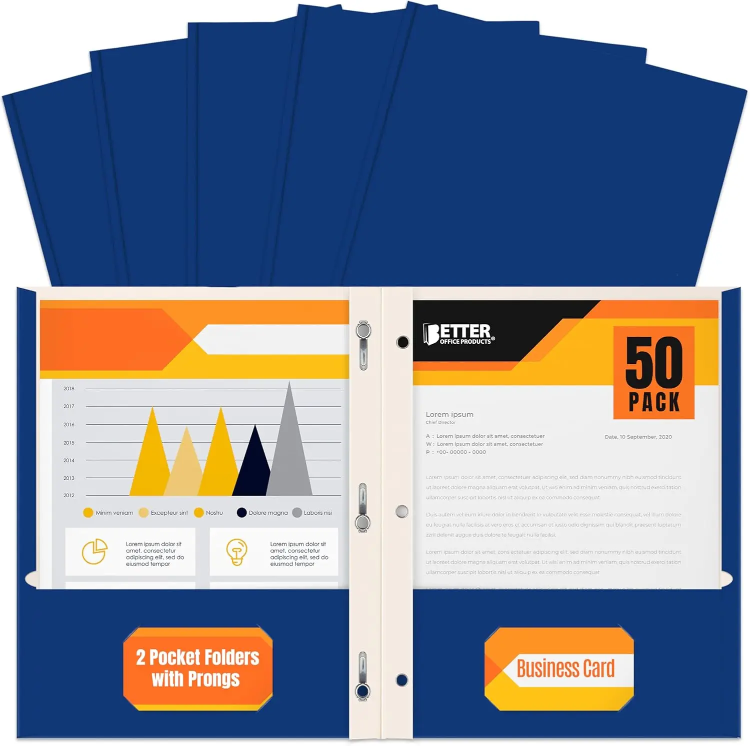 

Blue 2-Pocket Folders with Prongs, Matte Finish, Letter Size, 50 Pack for Office and School Use