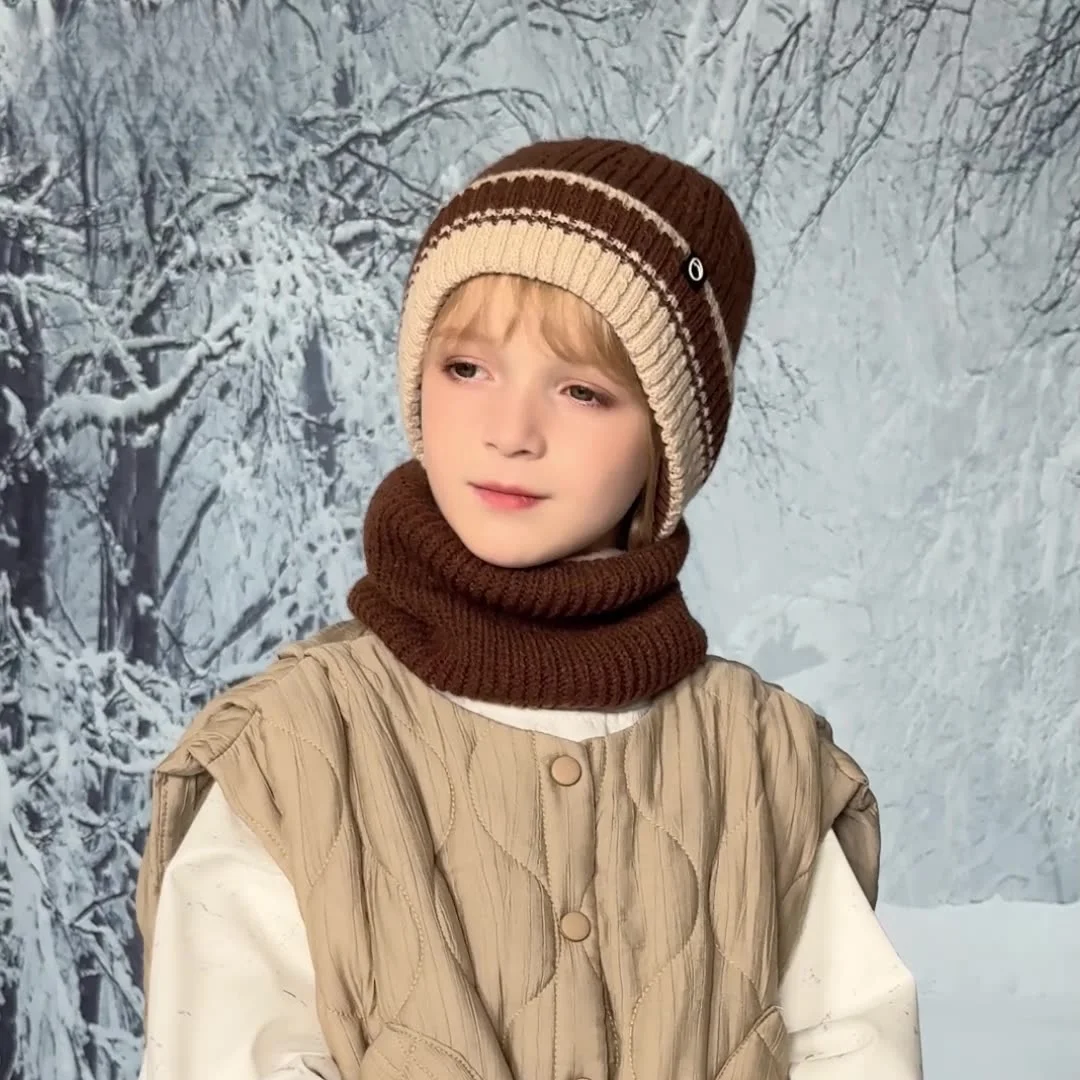 Children's hats, gloves, bib suits, knit wool hats with winter velvet ear protectors, Darling outdoor thermal hood