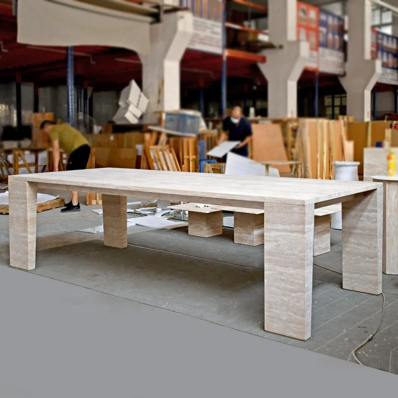 Modern Nordic Style Square Black Design Natural Stone Travertine Dining Table Wholesale Home Furniture for Dining Room
