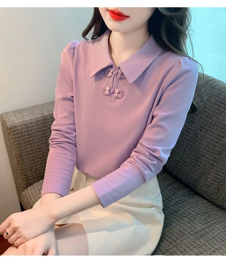 เสื้อยืดคอปกโปโลสไตล์จีนสําหรับผู้หญิงแขนยาวฤดูใบไม้ร่วงและฤดูหนาวเสื้อฐานใหม่