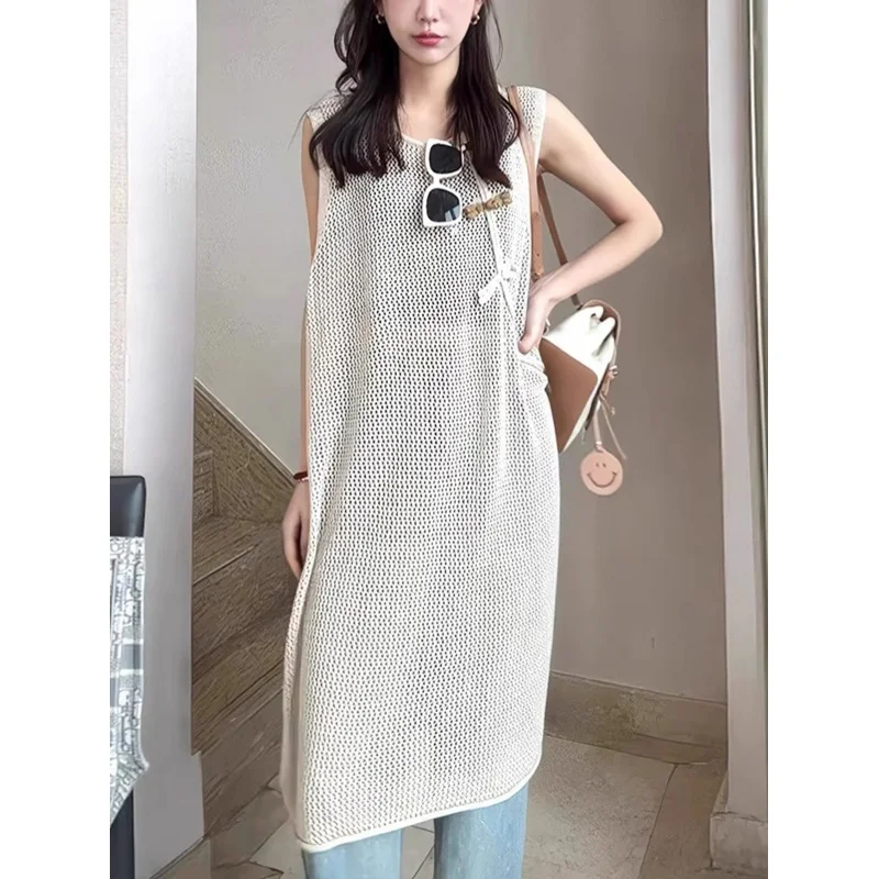 2024 Summer Design Sense Vacation Style Knitted Overknee Skirt Outerwear Cover-up Hollow Long Sitt Vest Dress Women