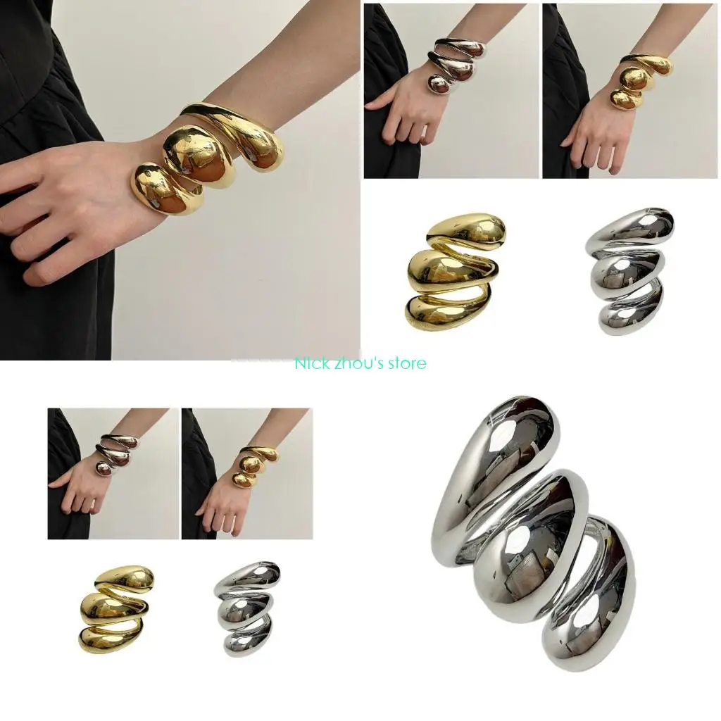 E15E سوار فاسق مبالغ فيه أساور واسعة قابلة للتعديل افتتاح أساور هندسية الذراع سوار المعصم مجوهرات مثالية للنساء