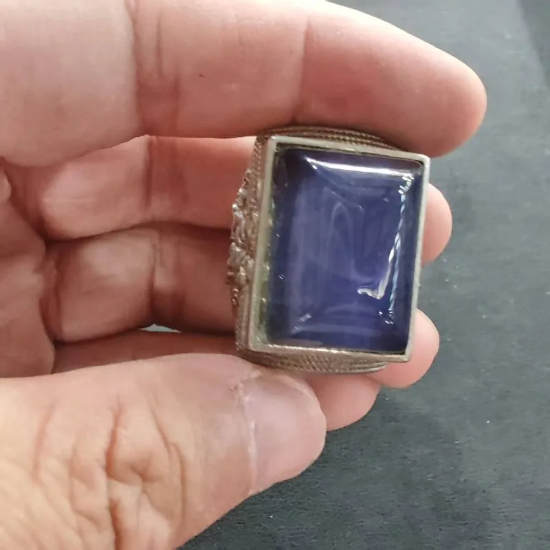 Unisex Vintage Relief Carved Ring Retro Ethnic Tribal Style Rectangle Blue Simulated Gemstone Inlaid Adjustable Finger Jewelry