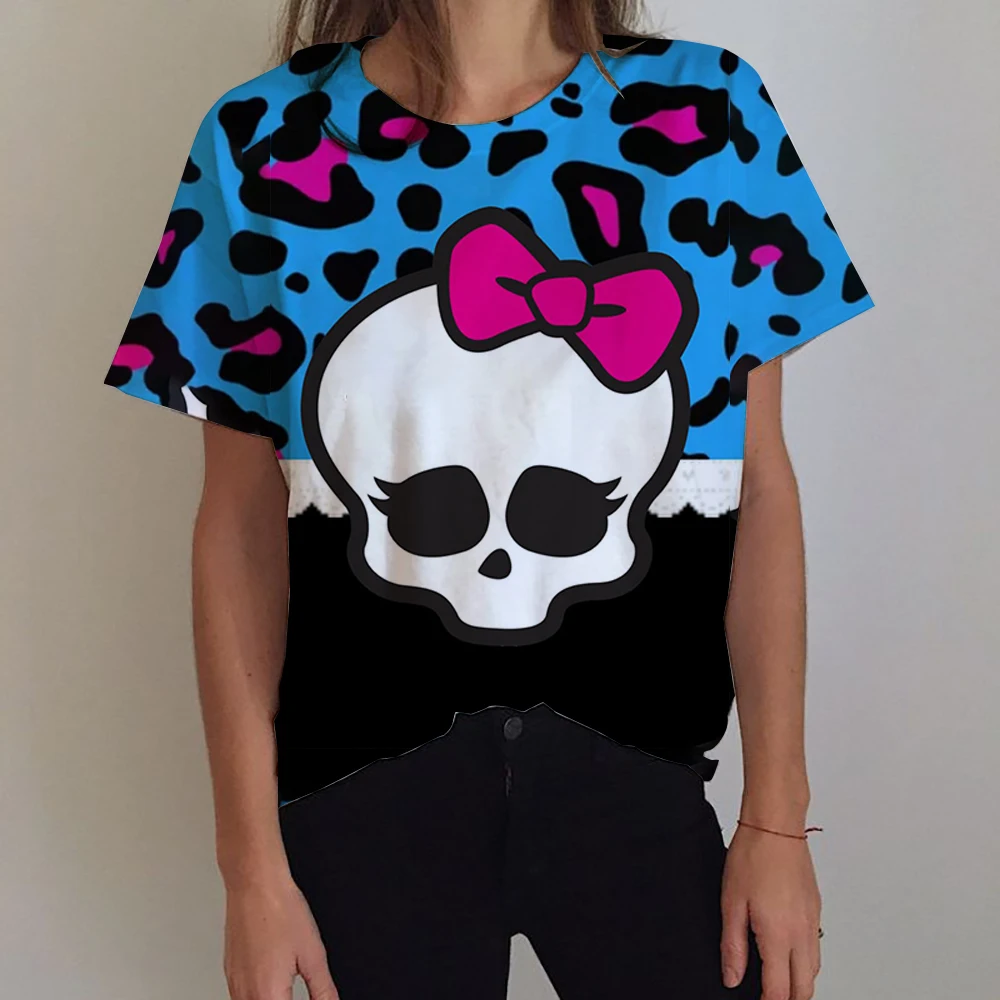 

3D printed Kawaii skull women's T-shirt with fun animal patterns, summer casual round neck top, short sleeved loose T-shirt