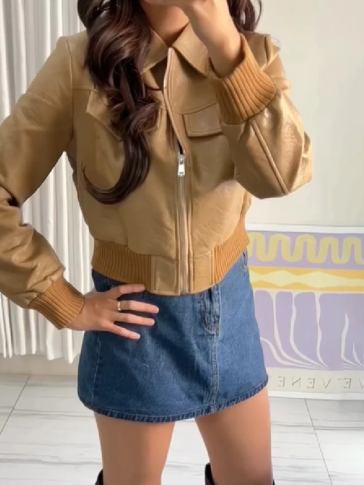 Vintage PU-Leder Cropped Jacke mit Langen Ärmeln und Gerippten Manschetten, Streetwear Damenmantel, Neue Lässige High-Street Herbst-Oberbekleidung – Detail 1