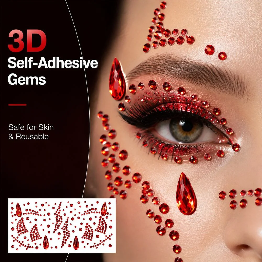1Pc Halloween Party Face Rhinestone Stickers Red Black Two Styles Mixed‑Size Blood‑Tear Crystal Gems For Vampire Cosplay Look