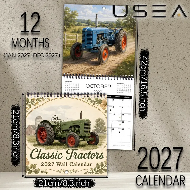 2027 Classic Tractors Wall Calendar,Large Writable Blocks, US Federal Holidays, Farmhouse Decor & Gift for Mom Coworker Teacher