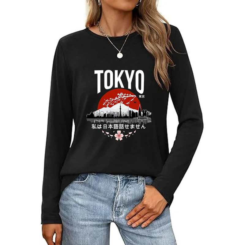 Today Tomorrow Tokyo Flower Print T Shirt Women's O-Neck Long Sleeve Tshirt All Seasons Graphic Vintage T-Shirt Streetwear Femme
