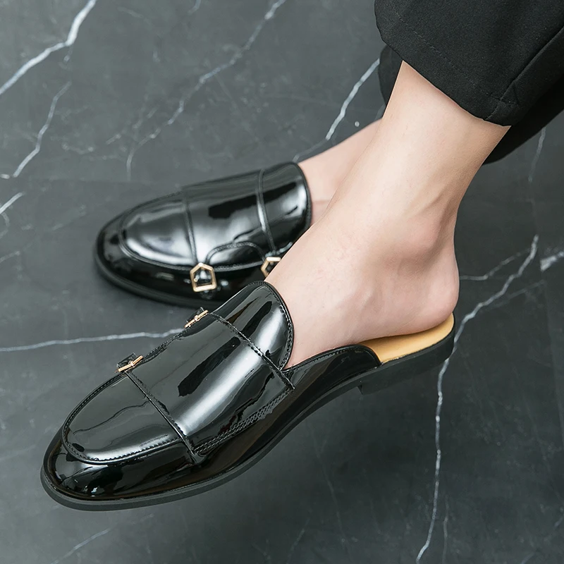 Summer Shiny Half Slippers with Double Buttons and No Heel Breathable and Fashionable Toe Cap One Step Lazy Slippers