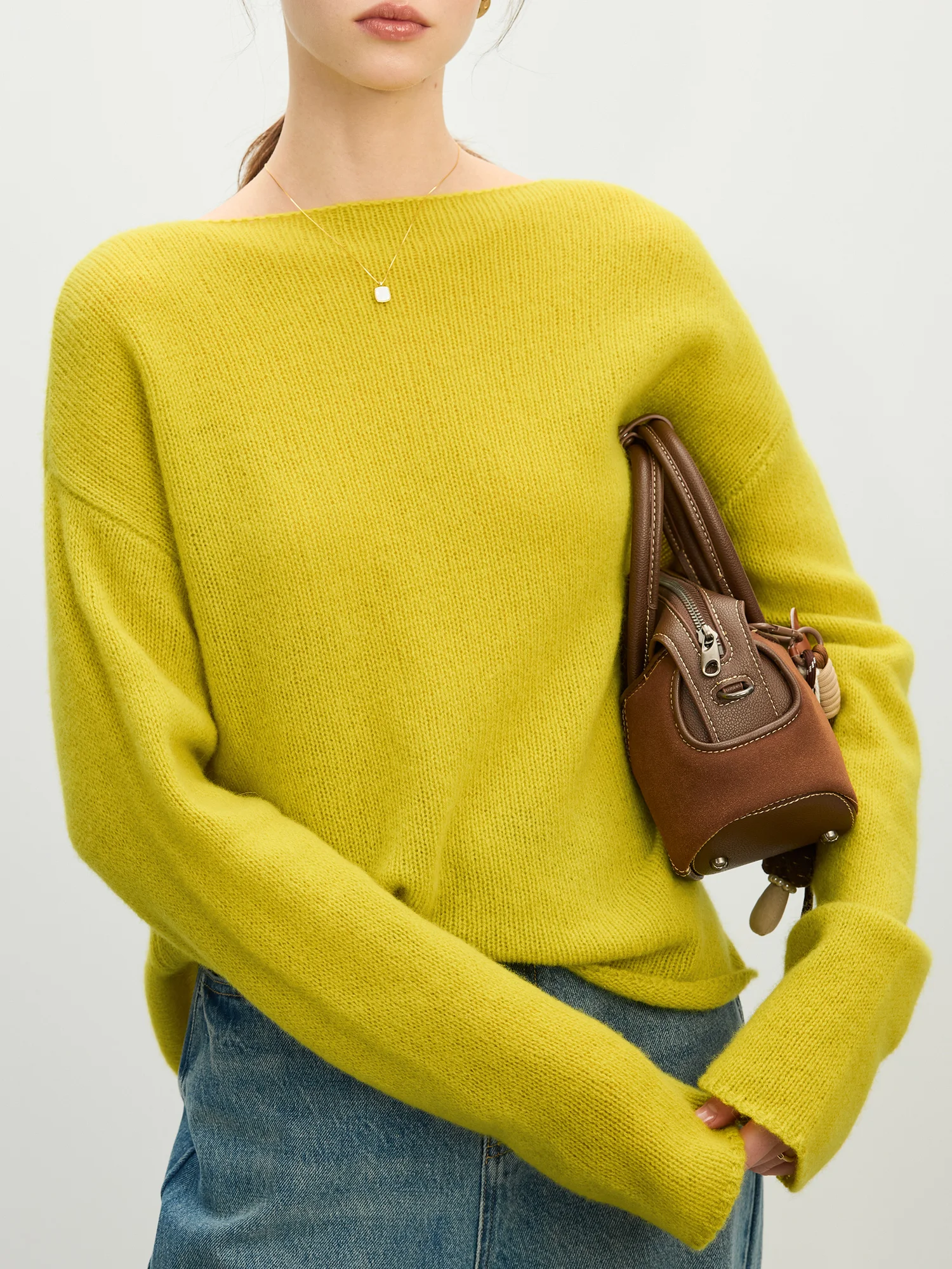 FSLE Women Solid Pullover Sweaters 100% Wool Female Knit Sweater Boat Collar 2025 Spring Yellow Green Casual Pullover 25FS11207