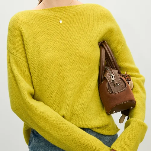 FSLE 여성용 솔리드 풀오버 스웨터, 100% 울 여성용 니트 스웨터, 보트 칼라, 2025 용수철, 옐로우 그린, 캐주얼 풀오버, 25FS11207