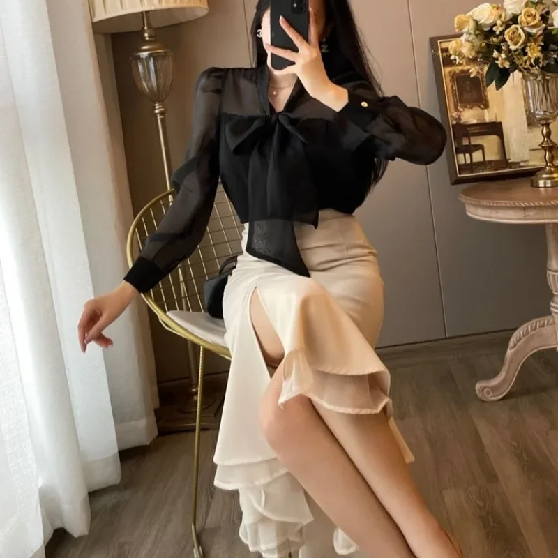 Maxi Sexy Women\'s Two Piece Set Party Black Long Sleeve Skirt Female Outfits Slit Vintage Clothing New Arrivals in The Same Full