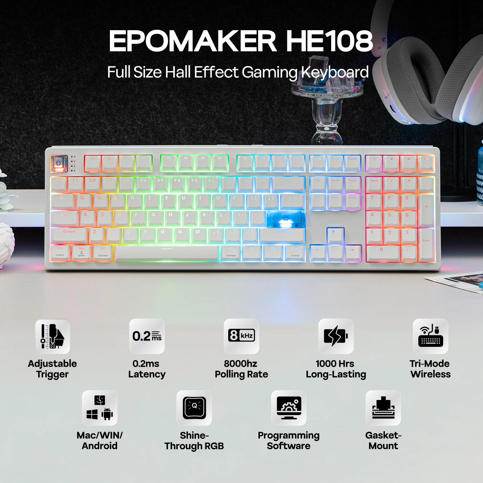EPOMAKER HE108 100% ANSI US Layout Tri-Mode Wireless HE Creamy Sound Gaming Keyboard with SOCD/DKS & 0.005mm Adjustable Trigger