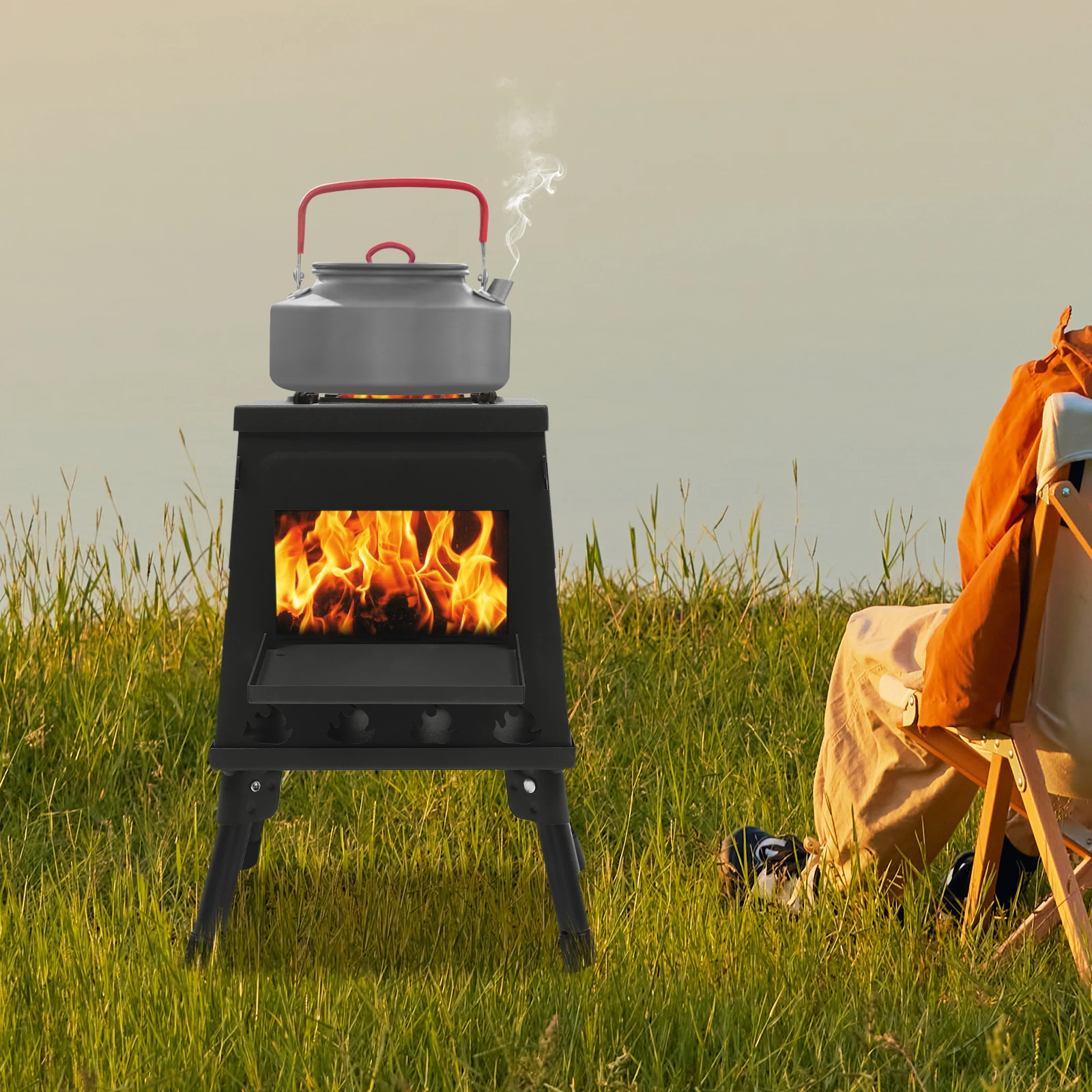 Bodenstehender Trapez-Mehrzweck-Holzofen aus Kohlenstoffstahl und Edelstahl, Zeltofen, 16 Belüftungsöffnungen für Camping, Rucksackreisen – Detail 8