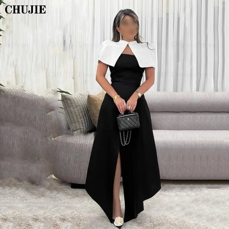 Elegant Black Satin Evening Dresses With Jacket Vintage A Line Formal Gowns High Slit Women Special Occasion Dresses حزب اللباس