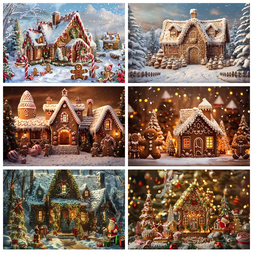 Christmas Photography Backdrop Winter Xmas Brown Gingerbread House Snowy Candy Xmas Family Party Baby Portrait Background Decor