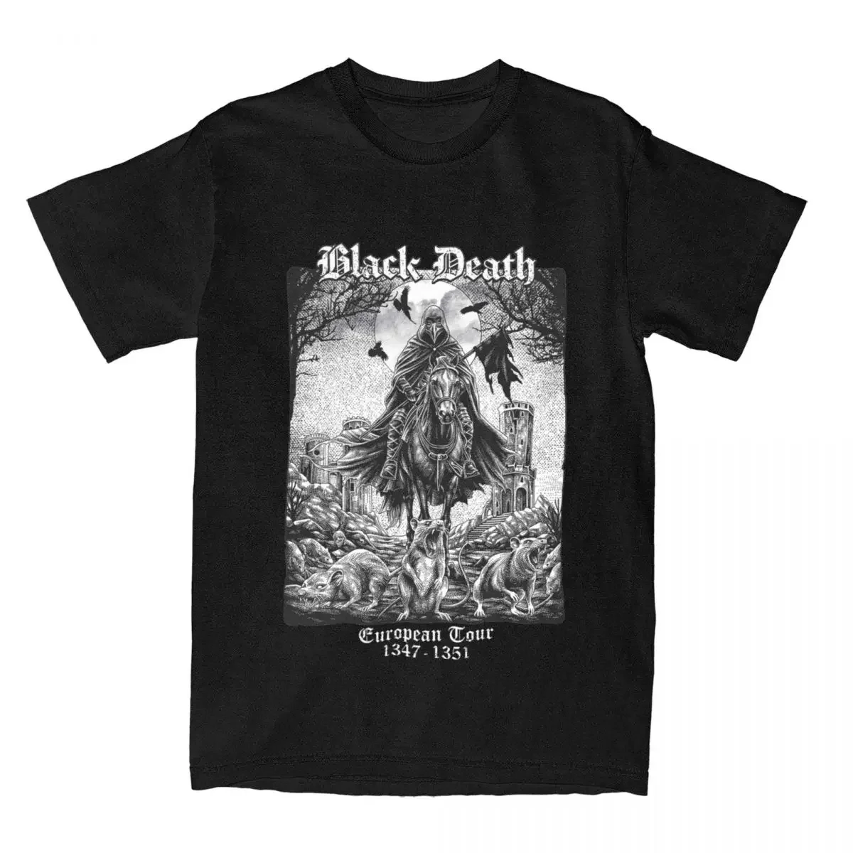 Men's T-Shirt Black Death European Tour Vintage Pure Cotton Tees Short Sleeve Plague Doctor T Shirt Round Collar Clothing