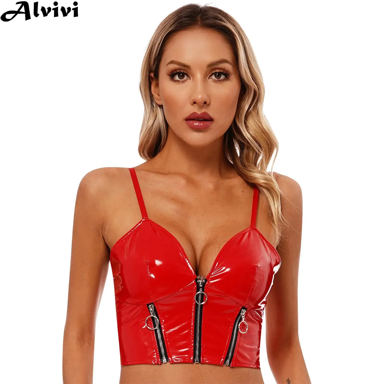 

Women Wet Look Patent Leather Vest Crop Top Nightclub Pole Dancing Performance Clothes Halloween Carnival Circus Cosplay Costume