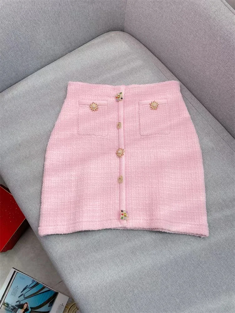 Set lavorato a maglia rosa moda di alta qualità da donna elegante cardigan a maniche corte o minigonna sottile con temperamento da donna