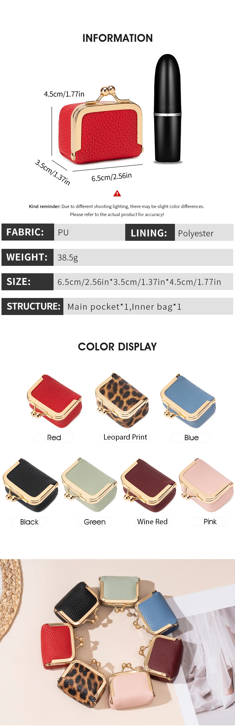 Neue Damen-Schmuckbox aus Kunstleder in Uni-Farbe, Aufbewahrungsbox für Ringe, Halsketten, Ohrringe, Mini-Münzbörse mit Kussverschluss – Detail 2