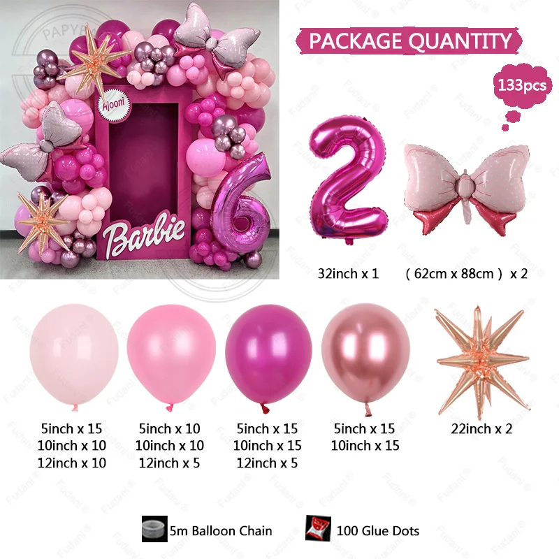 133 szt. Różowe metalowe balony lateksowe łuk węzeł 32 \'\'numer 1-9 piłka foliowa Baby Shower Kids Girl dekoracje na imprezę urodzinową tło