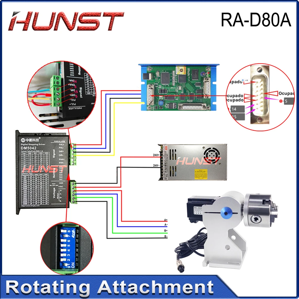 Imagem -04 - Dispositivo de Fixação Giratória Hunst Diâmetro Máximo 80 mm Três Chuck Plus Dm5042 Driver para uv Co2 e Máquina de Marcação a Laser de Fibra