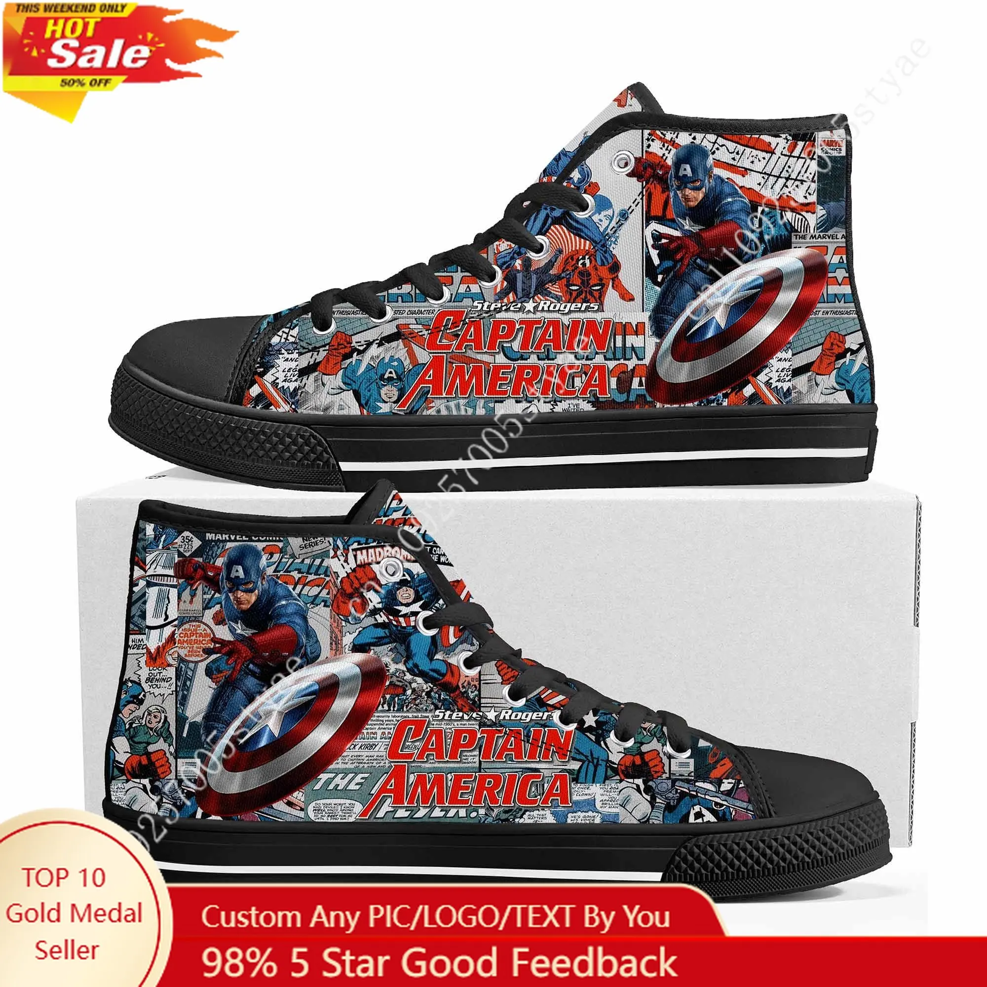 

Marvel Captain America Steve Rogers High Top High Quality Sneakers Mens Womens Teenager Canvas Sneaker Custom Made Couple Shoes