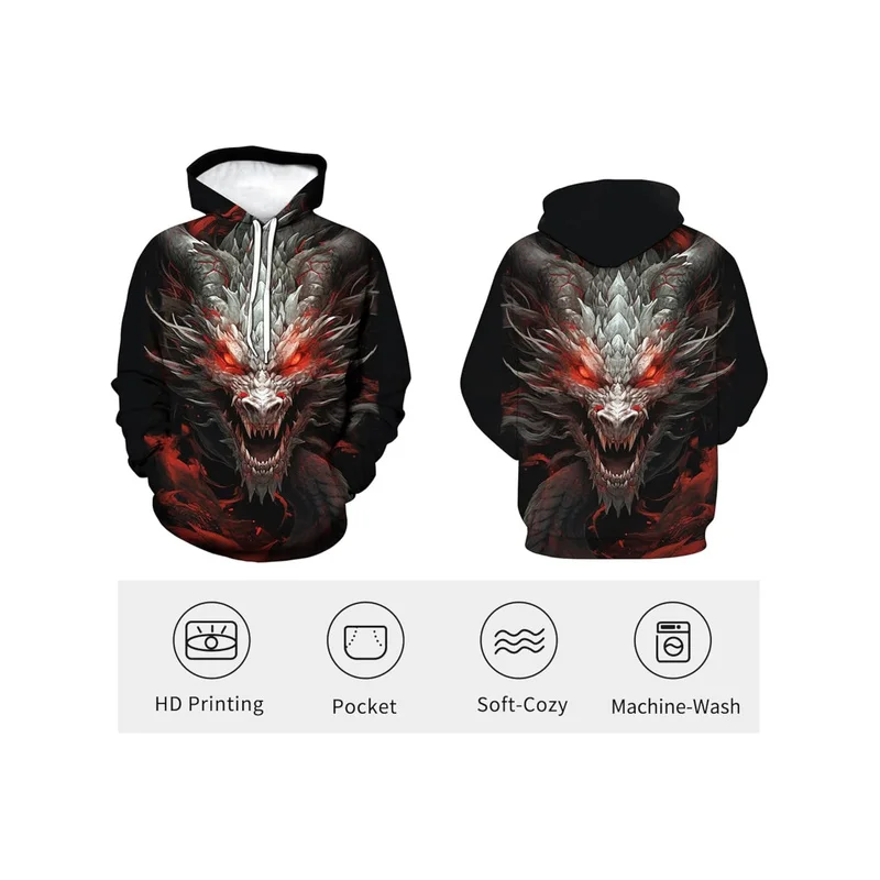 Men's Dragon Print Hoodie Black Red Streetwear Pullover Pocket Winter Warm Machine Washable Outdoor Casual Top