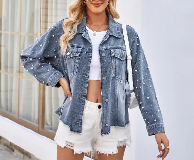 

Women's Denim Jacket Spring New Washed Nail Bead Long Sleeved Casual Denim Jacket Top Retro Fashion Denim Jacket for Women