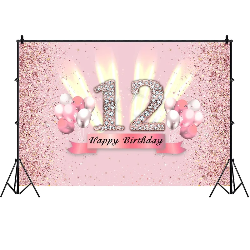 Happy 12th Birthday Backdrop Sweet Pink Girls 12 Years Party Rose Gold Glitter Balloon Decorations Photo Background Photography