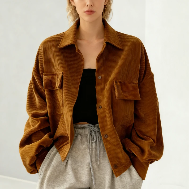 

Осенняя повседневная верхняя одежда на пуговицах, топ с карманами, универсальная куртка с отложным воротником в стиле ретро и длинными рукавами для женщин, уличное свободное пальто