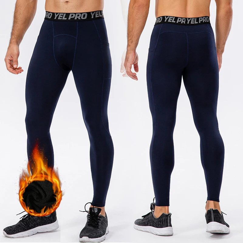 2023 Winter Warm Fleece Liner Running Skiing Tights Men with Pockets Compression Sports GYM Fitness Pants Quick Dry Leggings