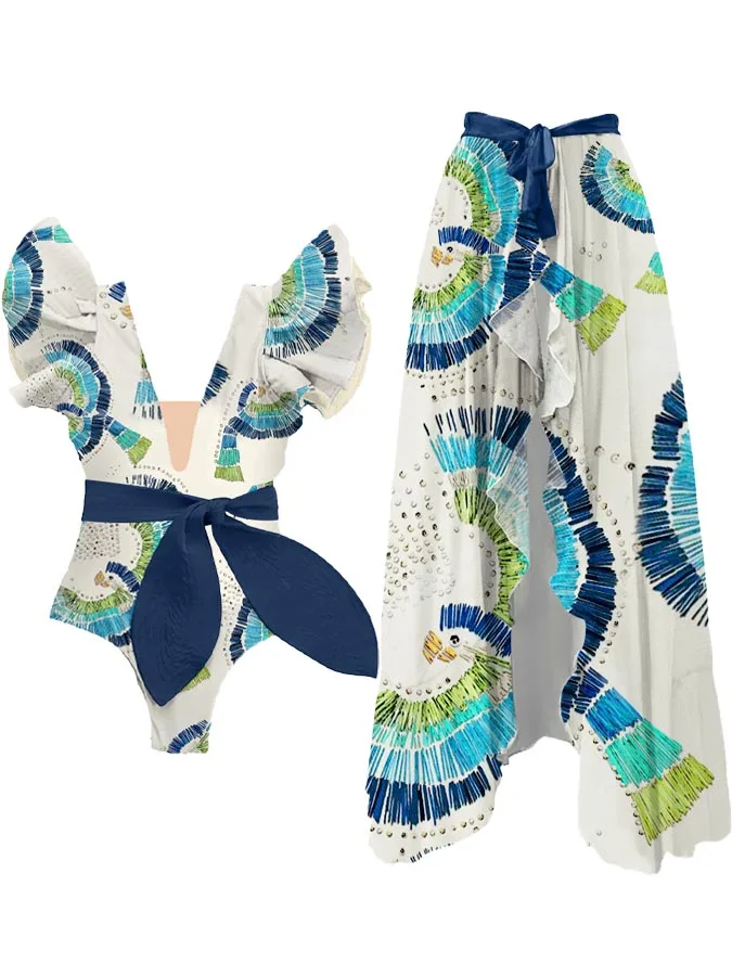 Summer Blue Pattern Printed Butterfly Bow Embellish Peplum Sleeves Asymmetrical One-shoulder One-piece Swimsuit And Cover Up2023