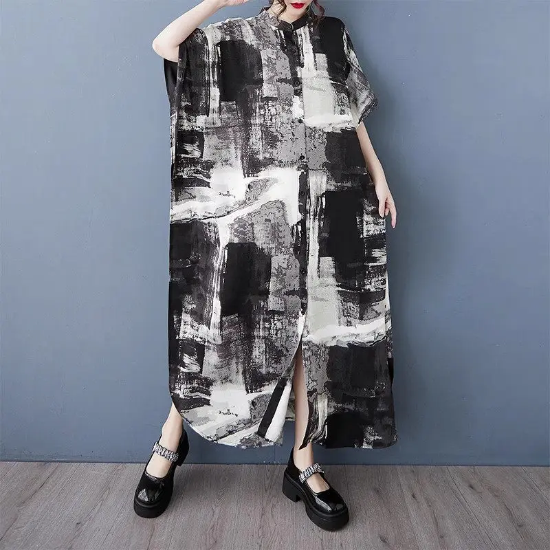 Großes Kleid für Frühjahr/Sommer 2022, neues Rundhals-Einreiher-Cardigan, mittellanges, locker sitzendes Damenkleid G099