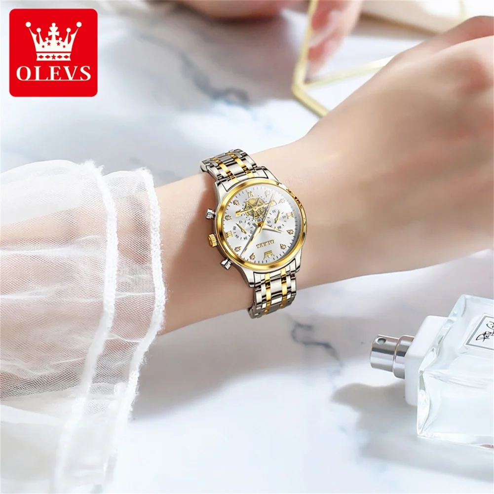 OLEVS 2897 Original Ladies Quartz Watch Chronograph Flywheel Skeleton Waterproof Luminous Women's Bracelet Wristwatch