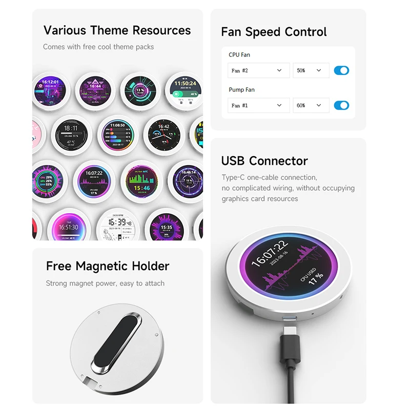 Monitor USB pendingin air 2.1/2.8 inci, layar LCD RGB CPU AIO dengan fungsi analisis spektrum musik dengan dudukan magnetik untuk PC