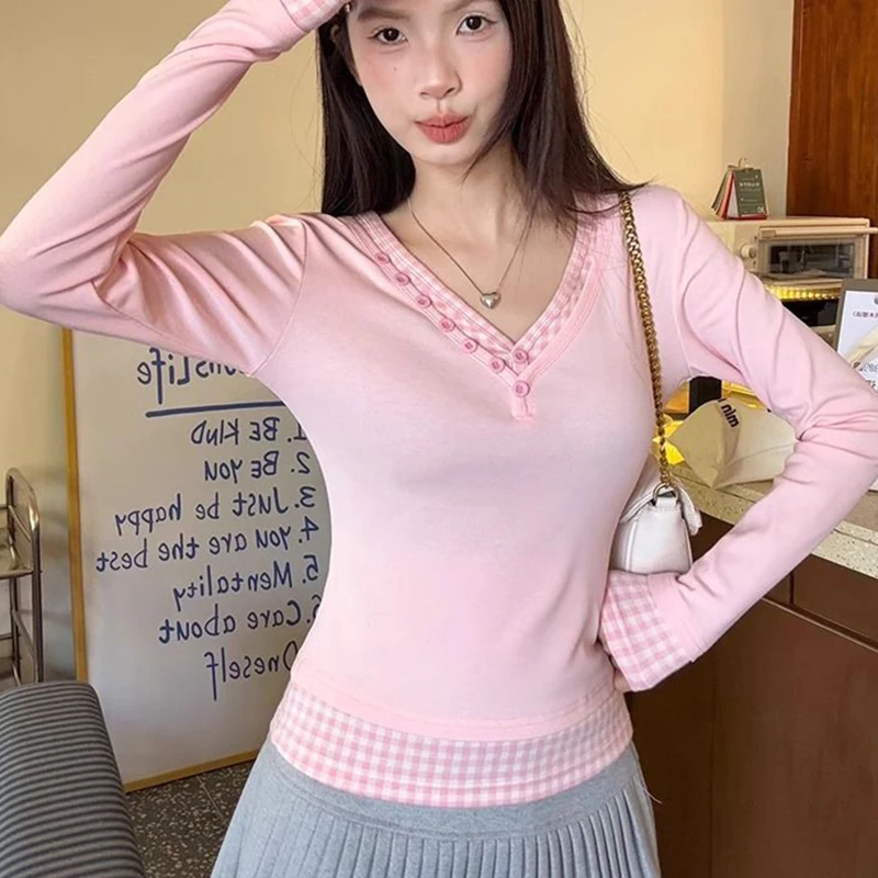 Rose col en V Patchwork à manches longues T-Shirts femmes printemps nouveau mince Plaid point T-Shirts conception coréenne sous-vêtements décontractés pull