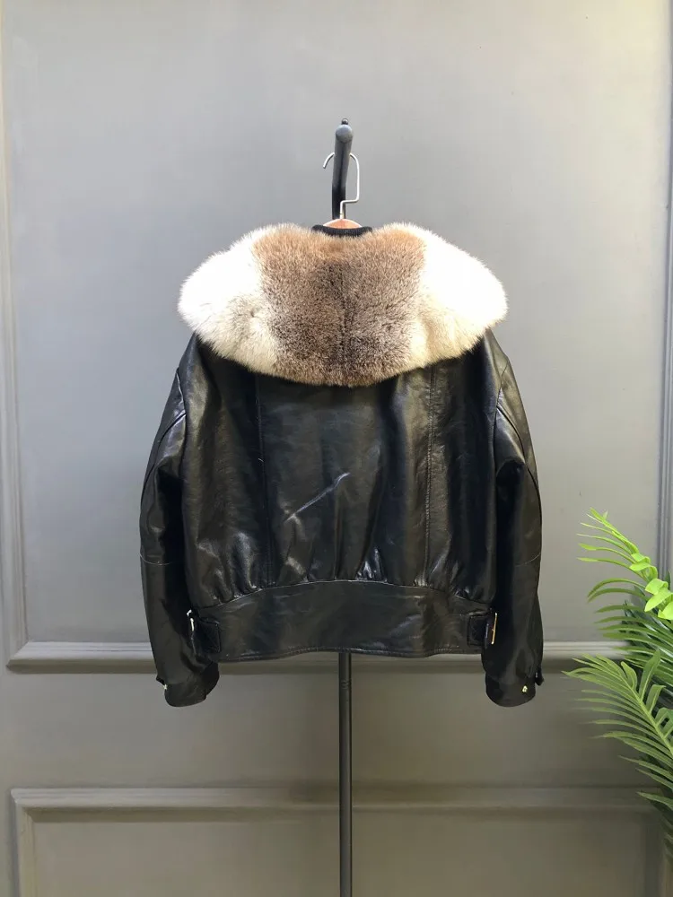 جديد الشتاء المرأة الدافئة أوزة أسفل سترة فاخرة الثعلب الفراء طوق الشارع الشهير سستة الشرير النفط الشمع البقر جلد طبيعي معطف قصير #2