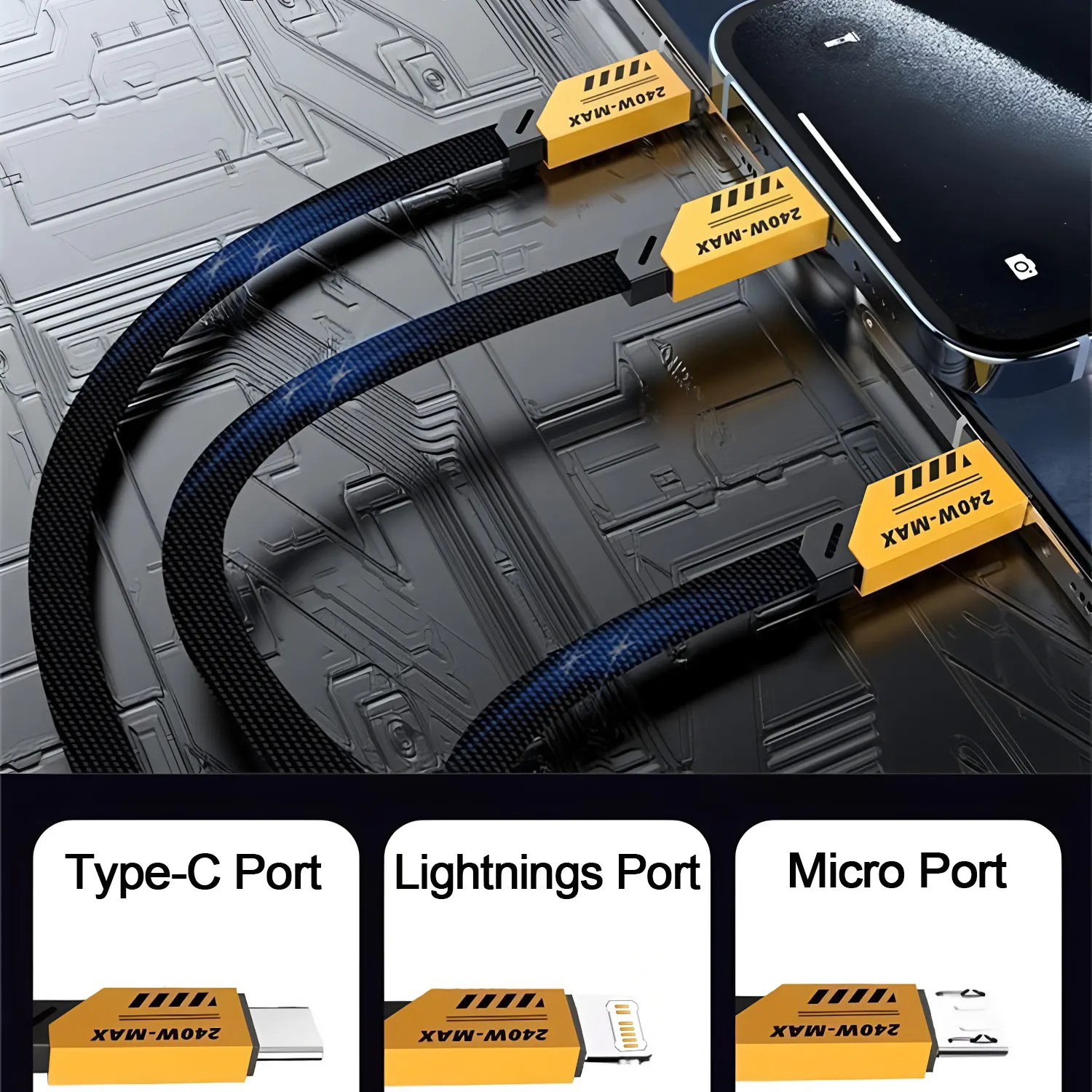 2 en 3 negro 240W Nylon trenzado USB Cable de carga rápida multipuerto tipo C Cable cargador de teléfono para iPhone 16 Samsung Xiaomi