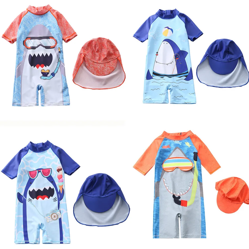 HappyFlute One Piece 7-24kg Baby Boys Shark Print Split Cartoon Short Sleeve With Hat Beach Sun Protection Swimsuit